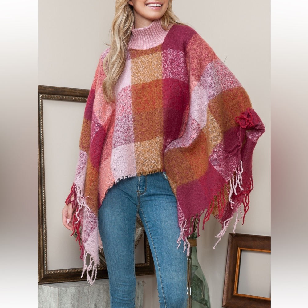 29 Boho Plaid Turtle Neck Poncho